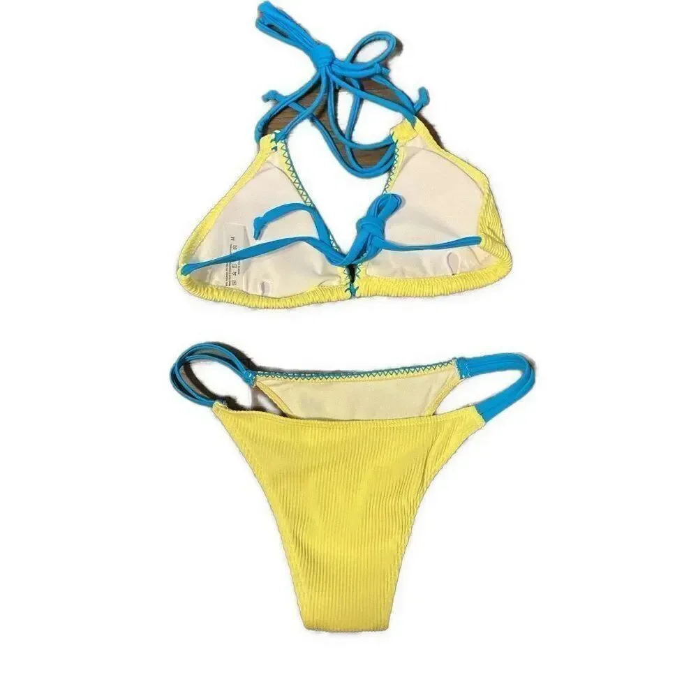 Womens Yellow Blue Ribbed Padded Bikini Medium